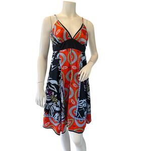 Pookie & Sebastian Printed Fit & Flare Dress Size L Spaghetti Strap V-Neck Midi